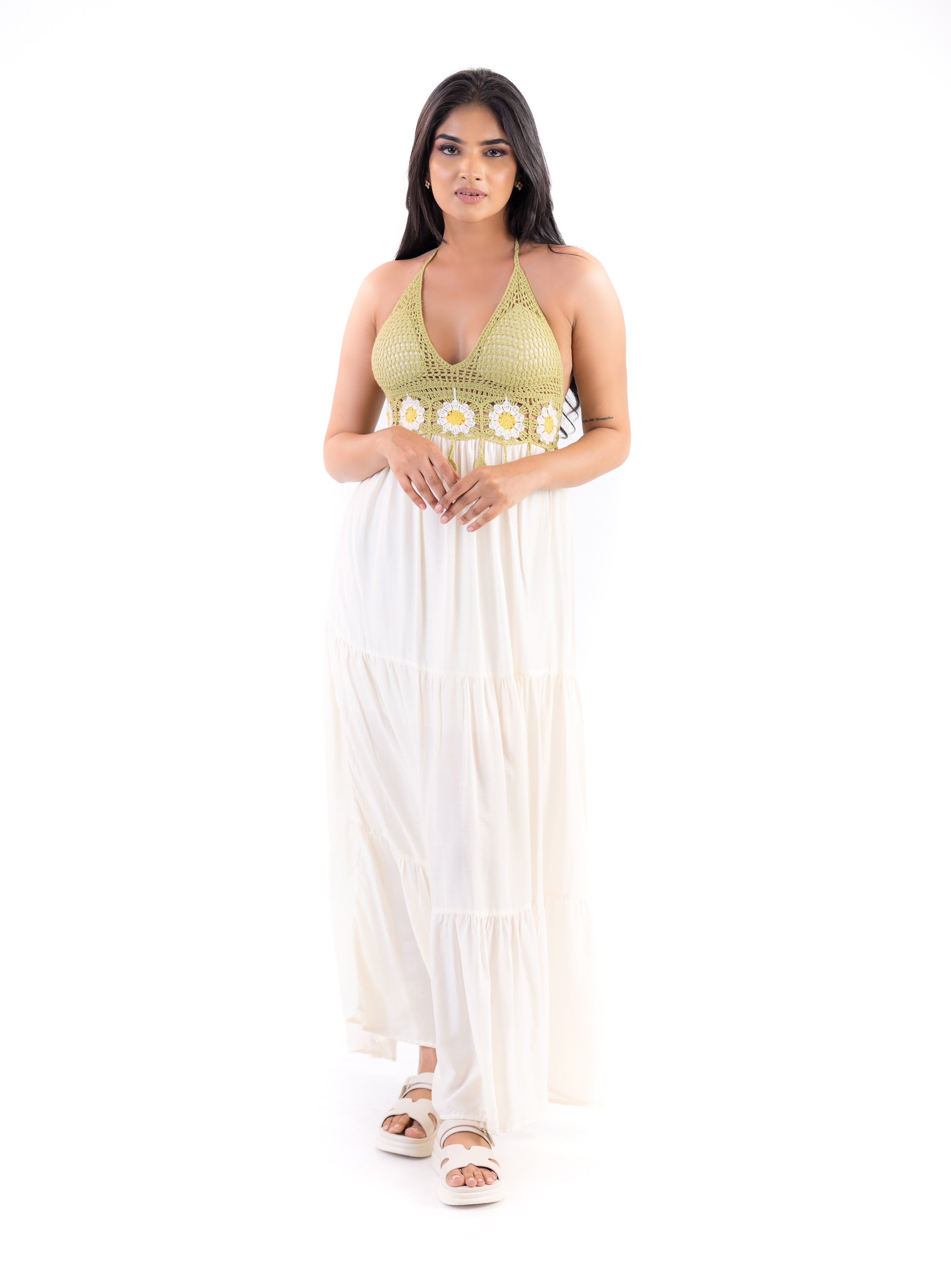 Fleur Haven Dress featuring a sheer lace bodice, sleeveless design and flowing relaxed silhouette - Front View