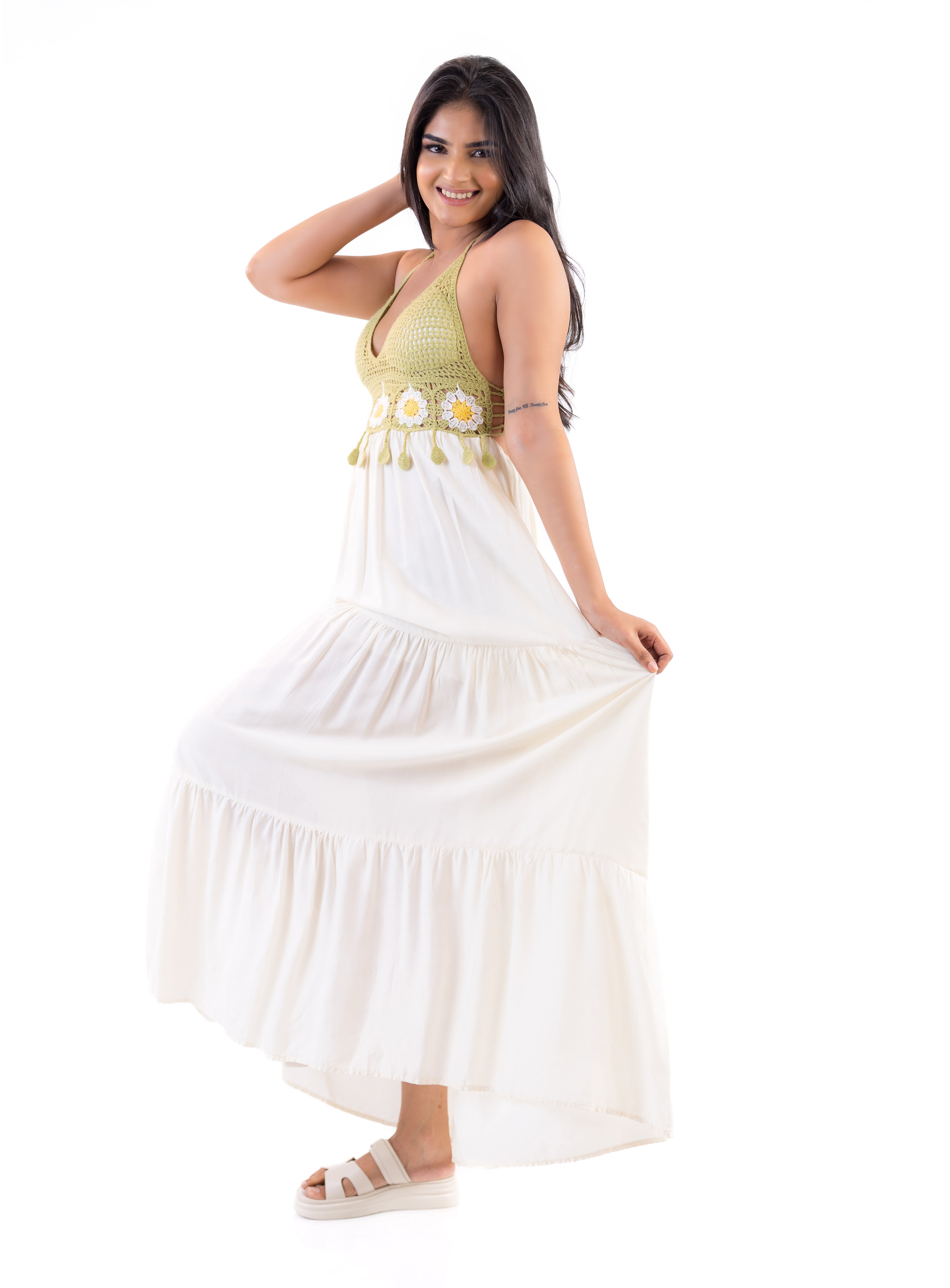 Model wearing the Fleur Haven Dress showcasing its romantic lace top, relaxed silhouette and elegant feminine movement